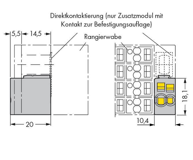 Technische Zeichnung eines Geräts mit Abmessungen. Zeigt Direktkontaktierung, Rangierwabe und Modulflächenmaße.
