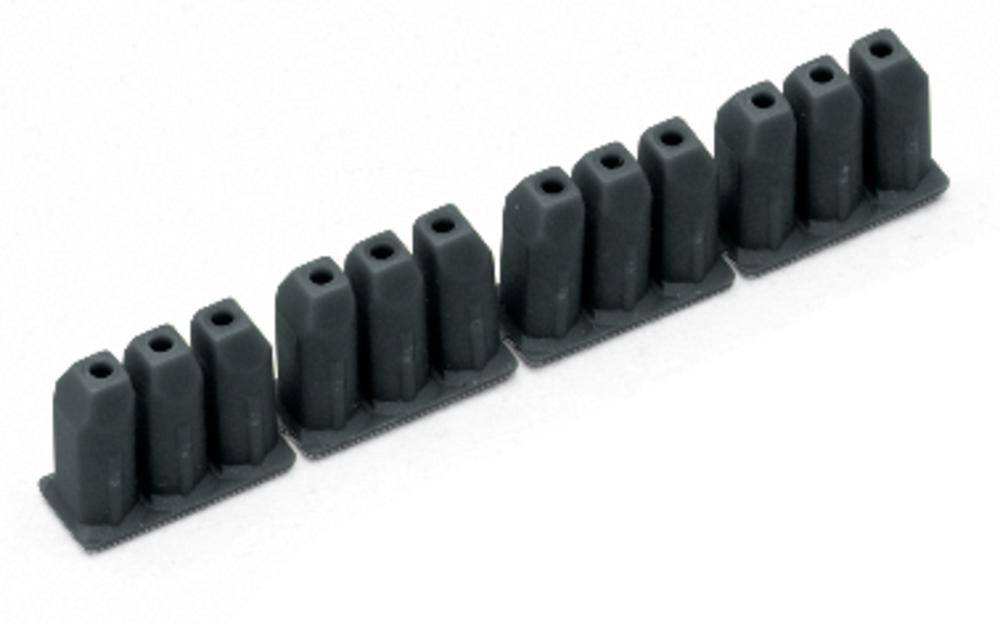 Neun schwarze Gummipuffer in einer Reihe auf weißem Hintergrund.
