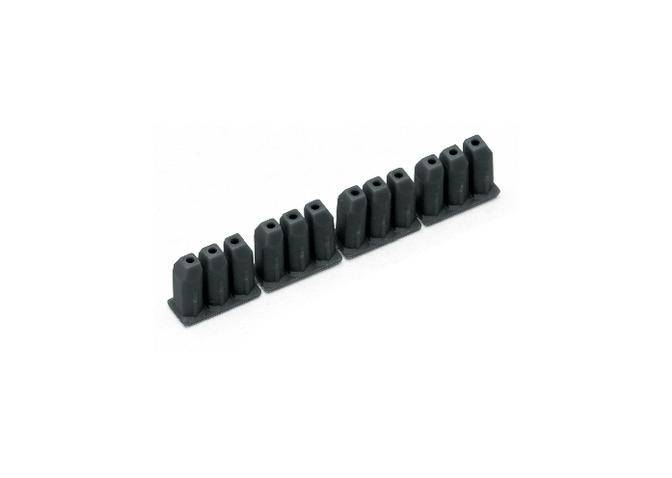 Sechspolige schwarze Klemmleiste zur Verbindung von elektrischen Drähten, horizontal auf einer weißen Fläche liegend.