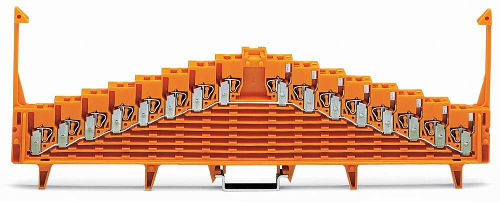 Orange Verbindungsklemme mit mehreren Steckplätzen in Pyramidenform, geeignet für elektrische Anwendungen.