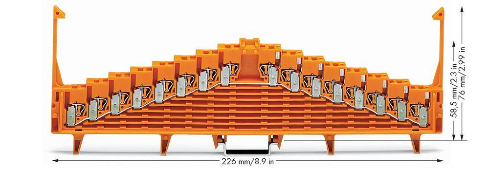 Oranges Kunststoffteil mit stufenförmiger Anordnung und Verbindern. Maße: 226 mm breit, 58,5 mm hoch.
