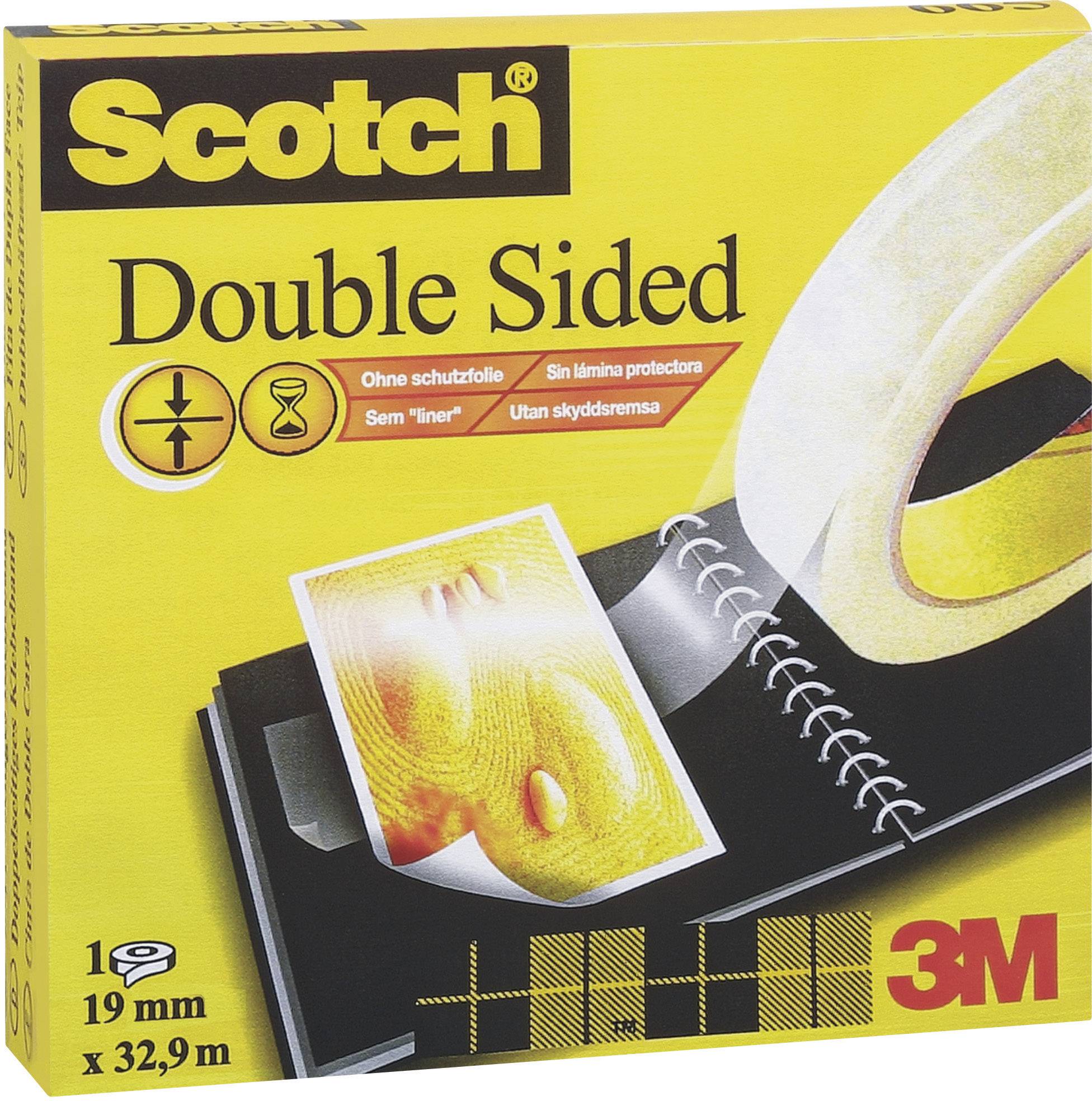 'Scotch Double Sided'-Klebeband-Verpackung mit gelbem Hintergrund. Präsentiert ein doppelseitiges Klebeband ohne Schutzfolie, 19 mm x 32,9 m.