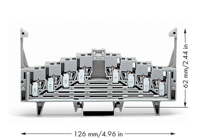 Ein grauer Reihenklemmenblock mit sechs Klemmplätzen und zwei Maßangaben: 62 mm hoch und 126 mm breit.