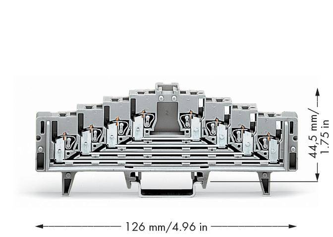 Abbildung eines grauen Reihenklemmenblocks mit den Maßen 126 mm x 44,5 mm, geeignet für elektrische Installationen.