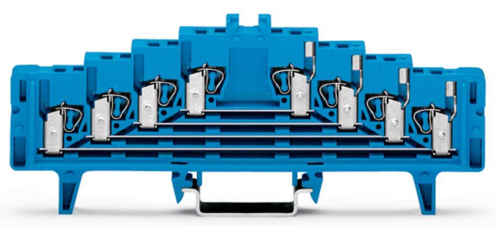Ein blauer elektrischer Reihenklemmenblock mit mehreren Anschlussstellen, die in einer Reihe angeordnet sind, zur Verdrahtung eingesetzt.