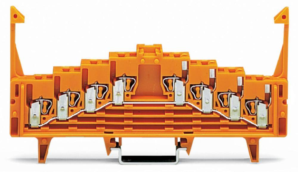 Oranger modulare Klemmenblock mit mehreren Anschlüssen, symmetrischer Aufbau, für elektrische Verbindungen in Schaltschränken.