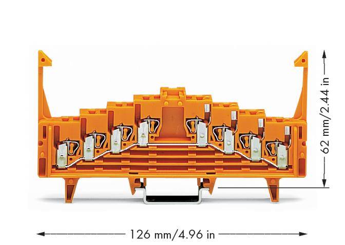 'Oranger Anschlussblock', 62 mm hoch, 126 mm breit, zeigt mehrere Klemmstellen mit silbernen Kontakten und Pfeilen zu den Maßen.