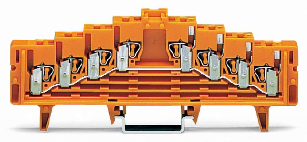 Orange Reihenklemme für elektrische Verbindungen, mit mehreren Klemmstellen und Metallkontakten, geeignet für Querverbindungen.