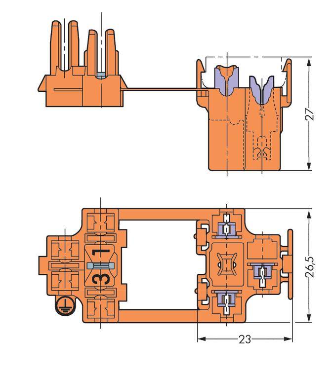 Technische Zeichnung eines elektrischen Steckverbinders in zwei Ansichten, mit markierten Höhen von 27 mm und 26,5 mm und einer Breite von 23 mm.
