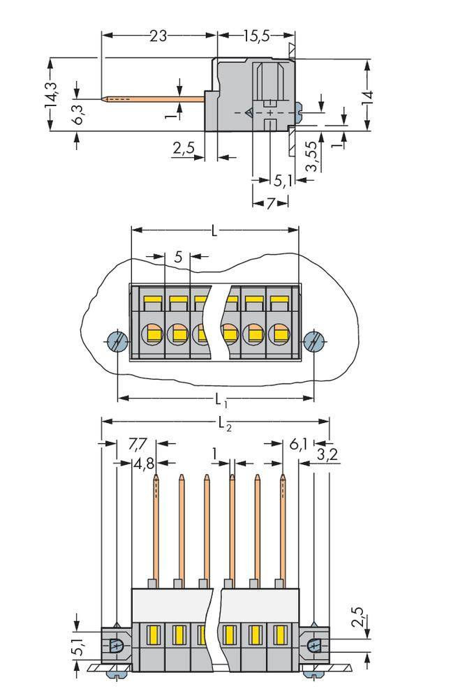 Steckverbinder, technische Zeichnung mit Abmessungen; zeigt eine Seitenansicht und Draufsicht eines elektrischen Stecksystems.