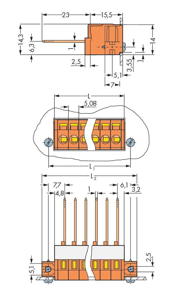Technische Zeichnung eines elektrischen Steckverbinders mit Abmessungen in Millimetern: 23x15,5 oben, 5,08x14,8 Mitte, 7,7x14,8 unten.