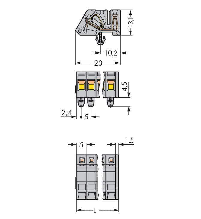 Technische Zeichnung eines elektrischen Steckverbinders mit Maßangaben in Millimetern, zeigt Seiten- und Vorderansicht.