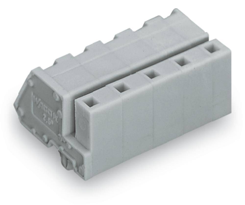 Grauer elektrischer Steckverbinder mit sechs Anschlüssen, geeignet für die Montage von Drähten in elektronischen Geräten.