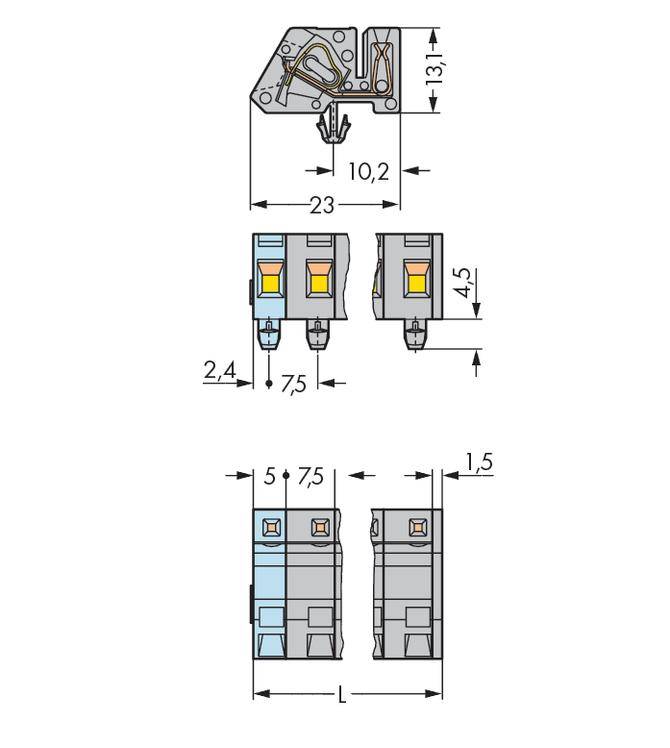 Zeichnung von elektrischen Schaltern mit Maßen. Oben eine Draufsicht mit 23 mm Breite. Unten zwei Schalteransichten, Breite 15 mm je Schalter.