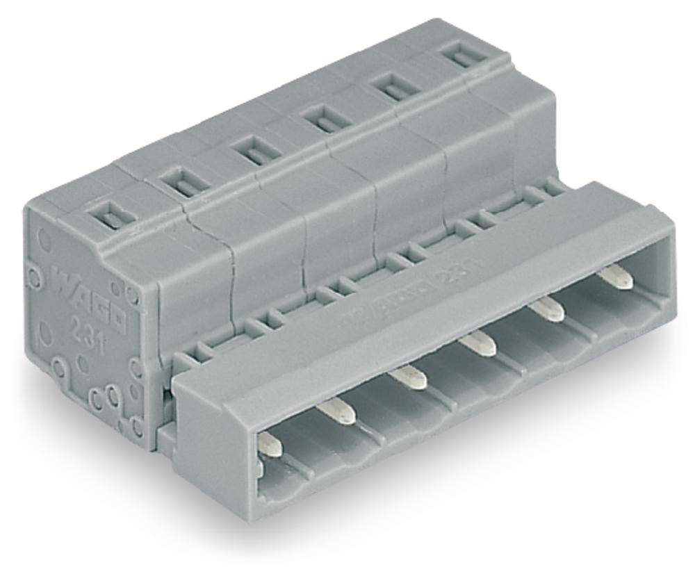 Graues elektrisches Steckverbindermodul mit sechs Steckplätzen und quadratischen Öffnungen, geeignet für industrielle Anwendungen.