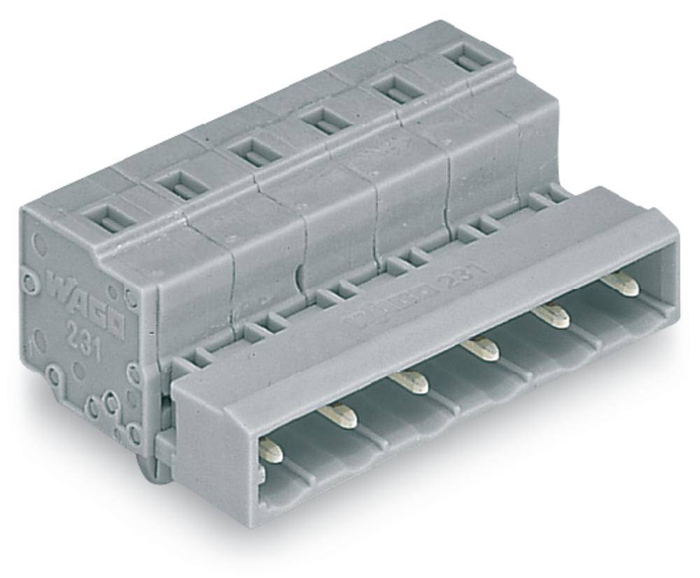 Ein grauer Leiterplatten-Steckverbinder mit mehreren Anschlussklemmen, geeignet für elektrische Verbindungen auf Leiterplatten.