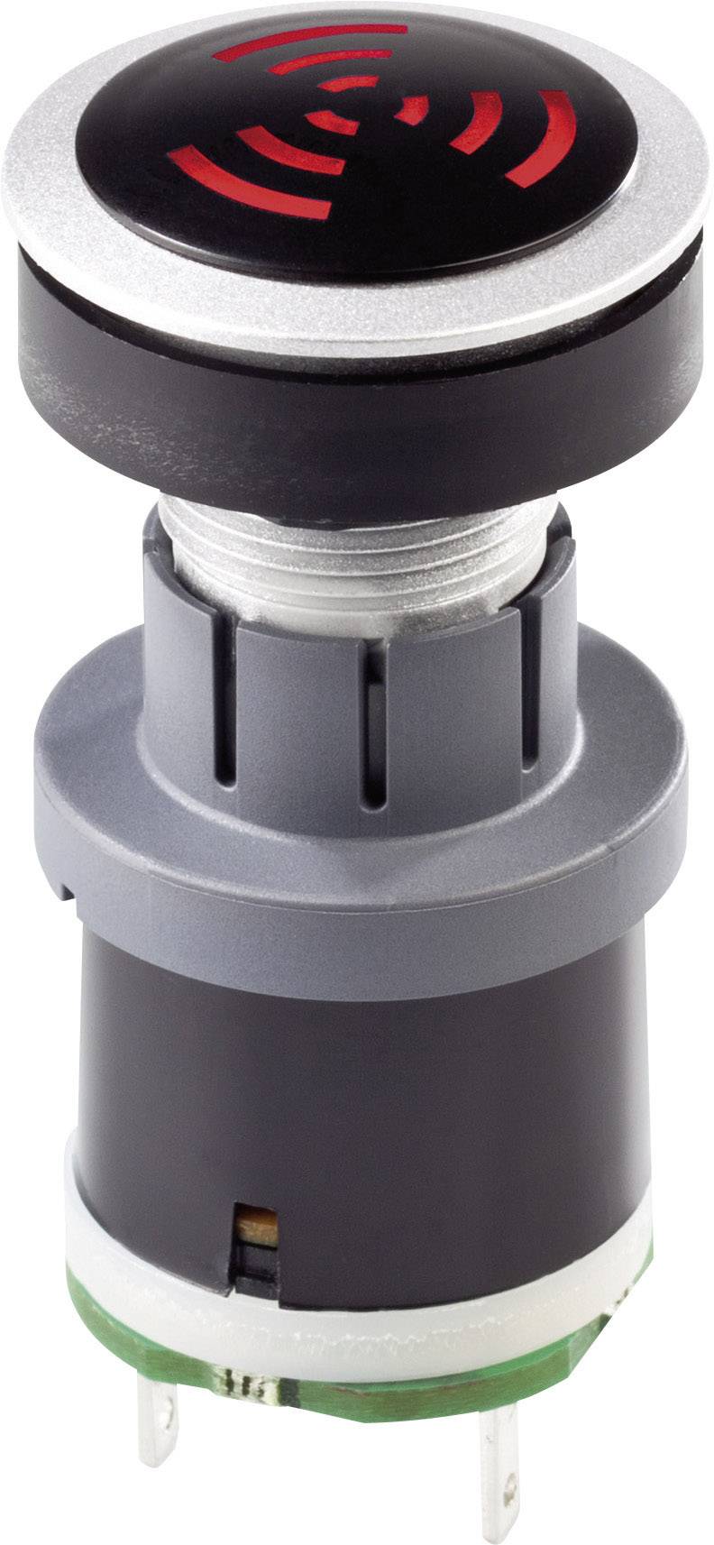 Taster mit rotem Wellen-Symbol, zylindrische Form. Eignet sich für elektronische Steuerungen, industrielle Anwendungen.