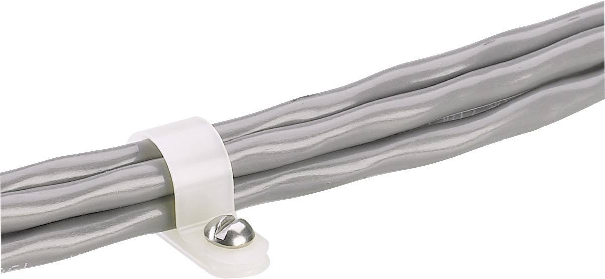 Zwei graue Kabel, fixiert durch eine weiße Kabelschelle mit Schraube auf einer Oberfläche.