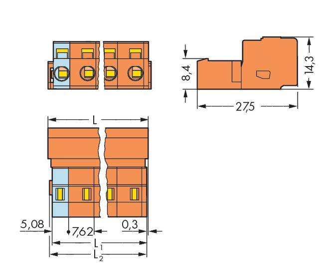 Technische Zeichnung eines Steckverbinders mit detaillierten Maßangaben: Breite 8,4 mm, Höhe 14,3 mm, Länge variabel.