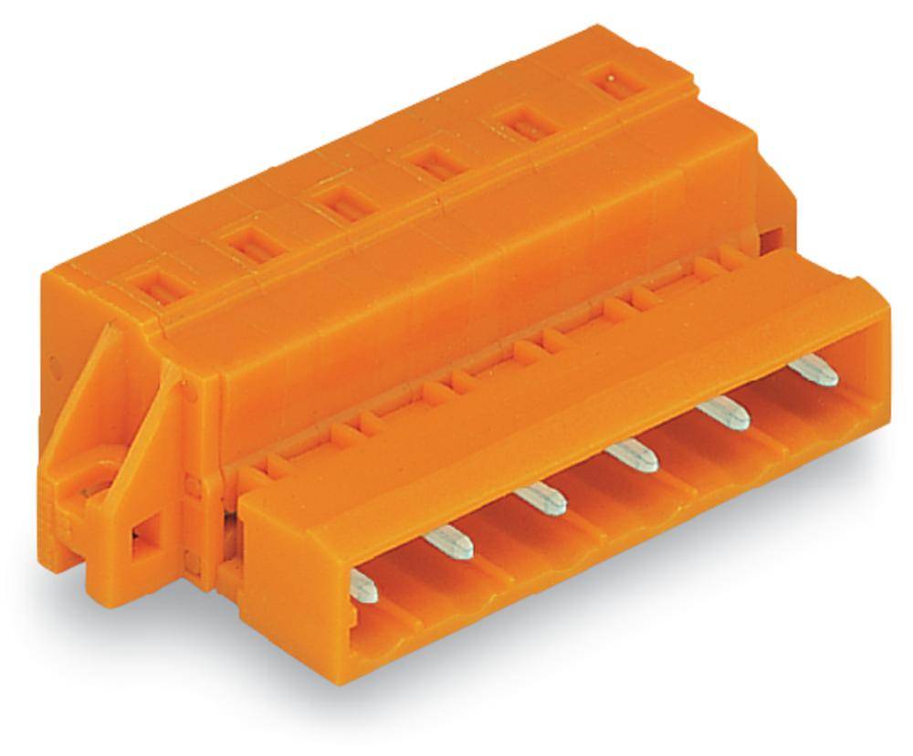 Oranger Steckverbinder für Leiterplattenmontage mit sechs Anschlüssen, geeignet für elektronische Anwendungen.