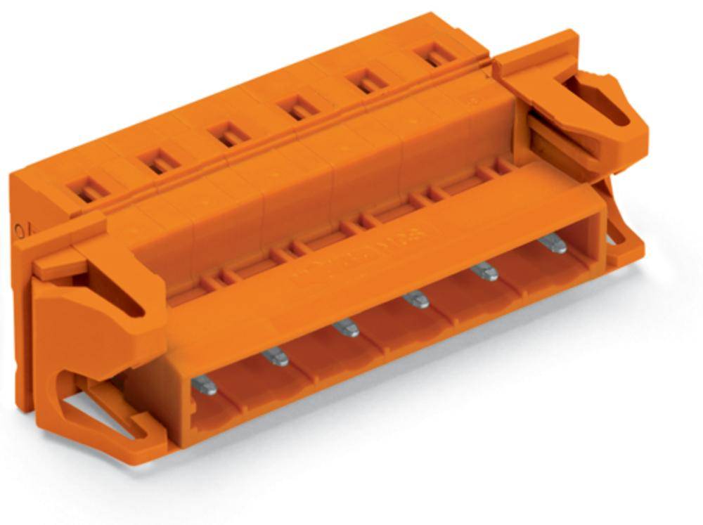 Ein orangefarbener Steckverbinder, der für elektrische Verbindungen genutzt wird. Er besitzt sechs Pole und seitliche Verriegelungsmechanismen.