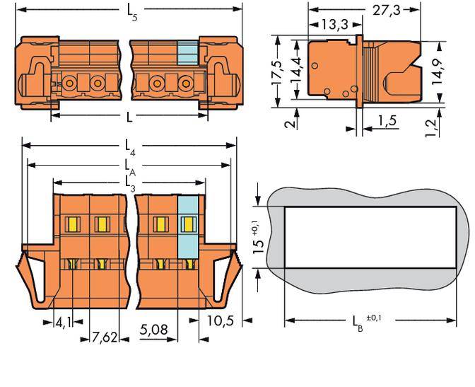 Technische Zeichnung eines Steckverbinders. Verschiedene Ansichten mit Maßangaben in Millimetern. Enthält Schnitt- und Seitenansichten.