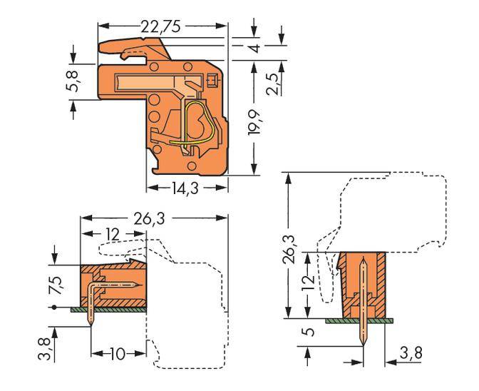 Technische Zeichnung eines mechanischen Bauteils mit mehreren Seitenansichten. Maße in Millimetern angegeben, wichtig für die Montage.