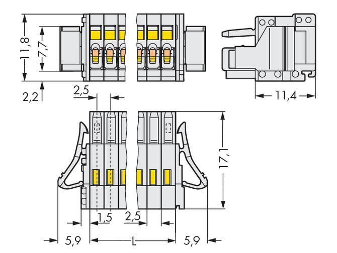 Technische Zeichnung eines elektrischen Steckverbinders mit Abmessungen in Millimetern. Zeigt Ansichten von verschiedenen Seiten mit Größenangaben.