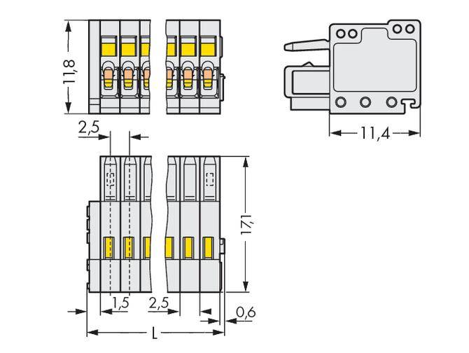 Die Abbildung zeigt technische Zeichnungen eines elektrischen Steckverbinders mit genauen Maßangaben in Millimetern für Höhe und Breite.