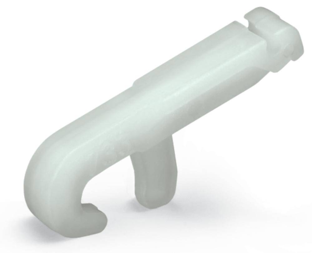 Kunststoffhaken mit zwei gebogenen Enden, vermutlich ein Befestigungselement.