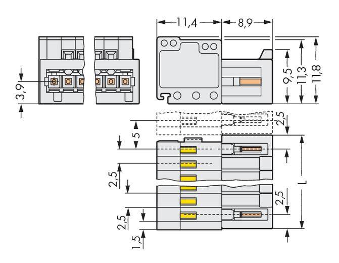 Steckverbinder im technischen Diagramm mit Maßen: Breite 11,4 mm, Tiefe 8,9 mm, Höhe 11,8 mm. Draufsicht und Seitenansicht gezeigt.