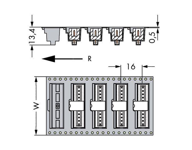 Diagramm einer elektrischen Komponente mit vier Steckplätzen und Maßen: Höhe 13,4 mm, Breite 16 mm; Richtungspfeil zeigt links.