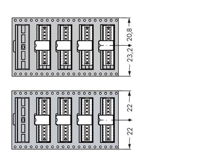 Technische Zeichnung von zwei elektrischen Bauteilen mit mehreren horizontalen Anschlüssen, Größenangaben: 23,2-20,8 und 22.
