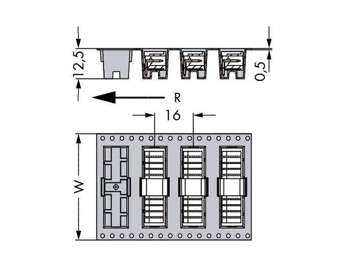 Diagramm zeigt elektrische Anschlussklemmen mit den Maßen: Höhe 12,5 mm, Breite W mm, Tiefe R 16 mm.