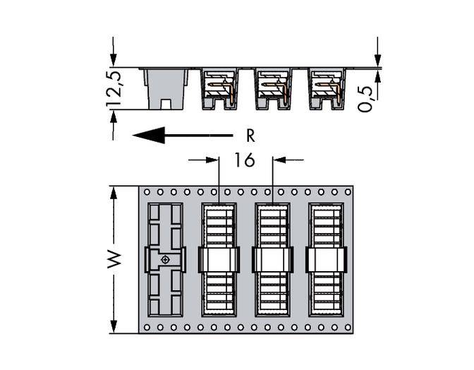 Steckerbelegung eines elektrischen Anschlusses mit vier Pins, Abmessungen: 12,5 mm Höhe, 0,5 mm Breite der Pins, 16 mm Abstand.