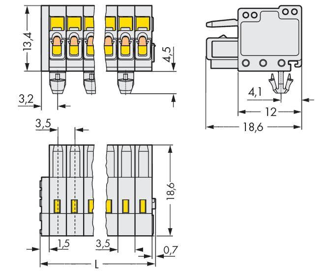 Technische Zeichnung eines Steckverbinders. Zeigt Abmessungen: Höhe 13,4 mm, Breite 18,6 mm, Tiefe 4,5 mm. Pins und Verbindungen dargestellt.