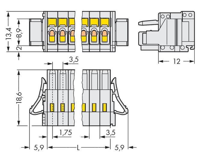 Technische Zeichnung eines elektrischen Steckverbinders mit Maßen: 18,6 mm hoch, 12 mm breit. Details der internen Komponenten sichtbar.