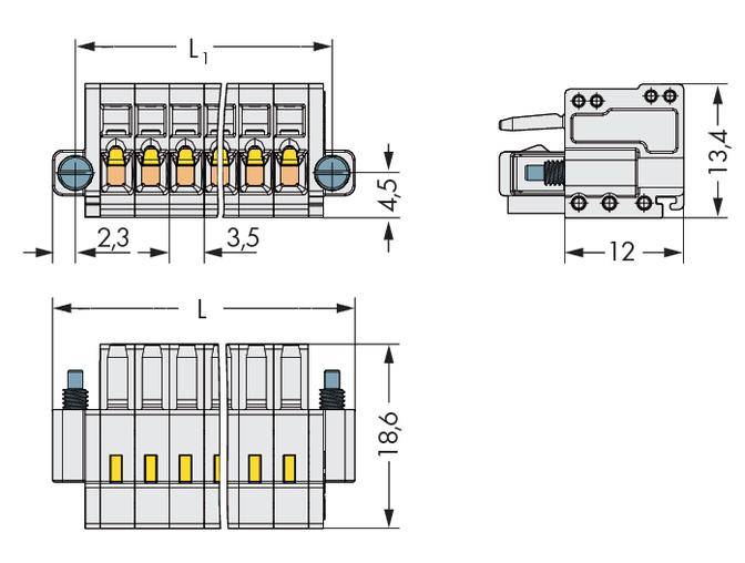 Technische Zeichnung eines elektrischen Schaltgeräts mit Abmessungen in Millimetern: 13,4 Höhe, 12 Breite, 18,6 Tiefe.