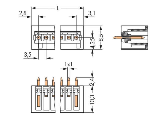 Steckverbinderdiagramm: zeigt Maße und Anordnungen der Pins in einem rechteckigen Layout mit Höhen- und Breitenangaben.