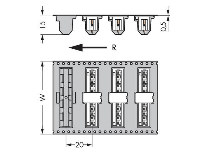 Technische Zeichnung eines Steckverbinders mit vier Pins und Abmessungen: Höhe 15, Breite W, Länge 20, Abstand 0,5; Pfeil zeigt Richtung R.