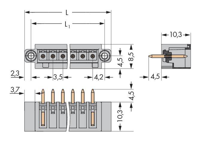 Technische Zeichnung eines Steckverbinders mit Abmessungen: Gesamtbreite 10,3 mm, Höhe 8,5 mm. Details zeigen Stifte und Bohrungen.