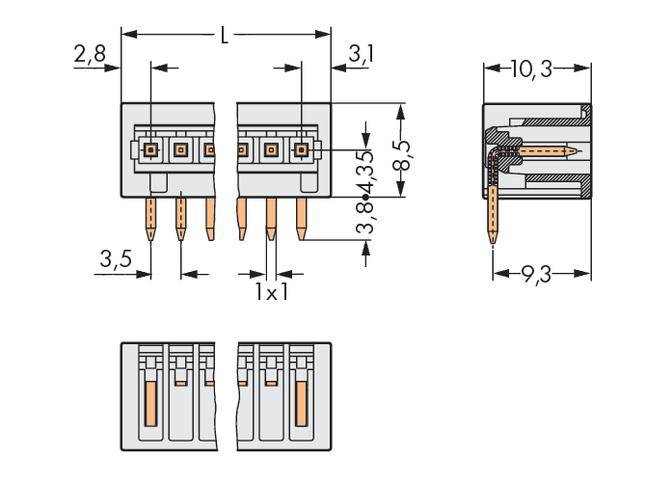 Diagramm zeigt technische Zeichnung eines Steckverbinders mit Abmessungen. Vorder-, Seiten- und Draufsicht mit Maßen in mm.