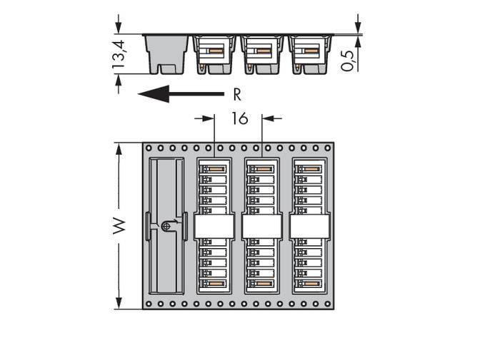 Technische Zeichnung eines elektronischen Bauteils. Zeigt Maße von 13,4, 0,5 und 16, mit einem Pfeil für Richtung R.