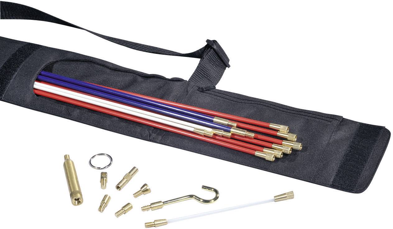 Ein Set von roten, weißen und blauen Fiberglas-Ruten mit Metallverbindern, in einer schwarzen Tragetasche mit Zubehörteilen.