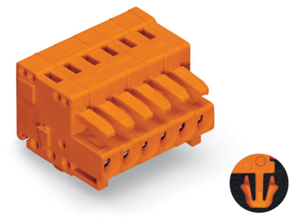 Oranger Steckverbinder mit mehreren Öffnungen und Verriegelungsmechanismus. Geeignet für elektrische Verbindungen.