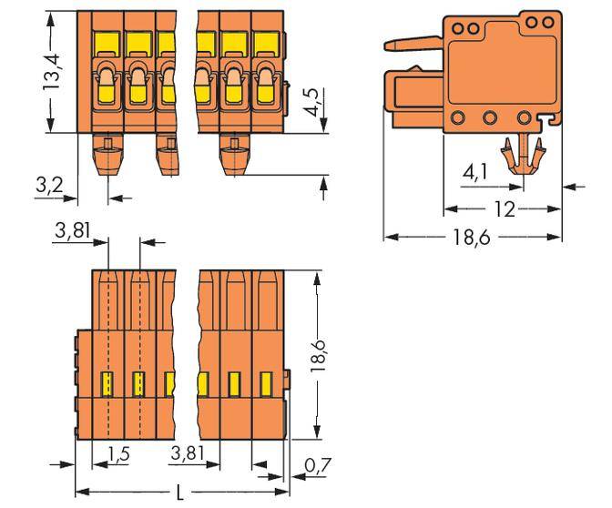 Technische Zeichnung eines elektrischen Steckverbinders mit Maßangaben in Millimetern. Vorder-, Seiten- und Draufsicht sind dargestellt.