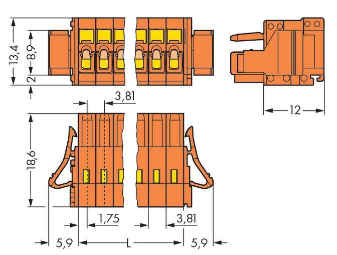 Steckverbindungsabmessungen: Breite 3,81 mm, Höhe 18,6 mm, Tiefe 12 mm. Zeigt Seitenansichten und Frontansicht mit Details.