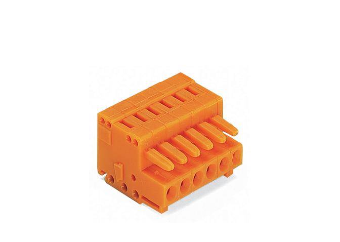Oranger, sechspoliger Steckverbinder mit horizontalen Anschlussklemmen, geeignet für elektrische Anwendungen in einem Gerät oder System.