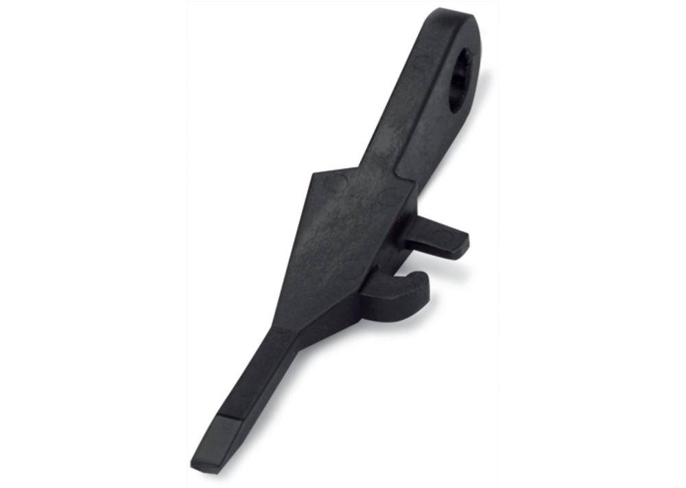 Ein schwarzes, geometrisch geformtes Plastikteil mit einem Loch am oberen Ende und einem gebogenen Haken, das wie ein Hebel aussieht.