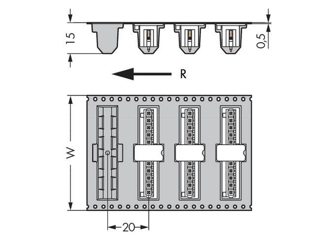 Technische Zeichnung einer elektrischen Steckleiste mit drei Anschlüssen, Pfeil zeigt Richtung R. Abmessungen: Tiefe 1,5, Höhe 0,5, Breite W, Abstand 20.